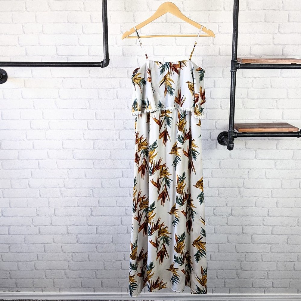 Tropical Boho Chic Maxi Dress with Flounce | White